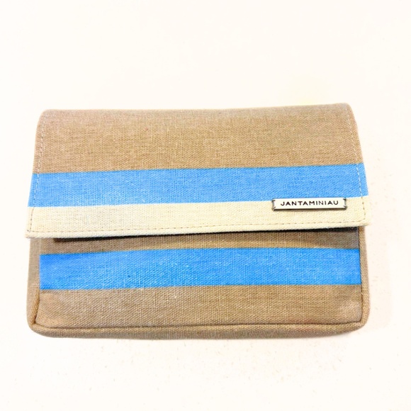 KLM JANTAMINIAU Amenity Travel Kit Taupe Cream Blue Striped - Picture 1 of 6